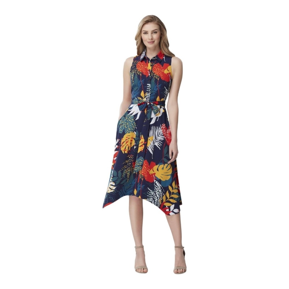 Tahari ASL Sleeveless Printed Gauze with belt Navy size‎ 2